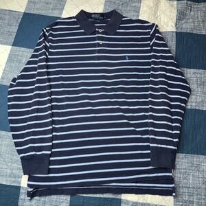 Polo Ralph Lauren Mens Long Sleeve Striped Polo Shirt Navy Blue Large L Cotton